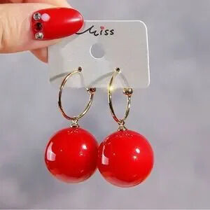 Elegant?Red Hoop Drop Earrings Circle Ball Bead Earrings
